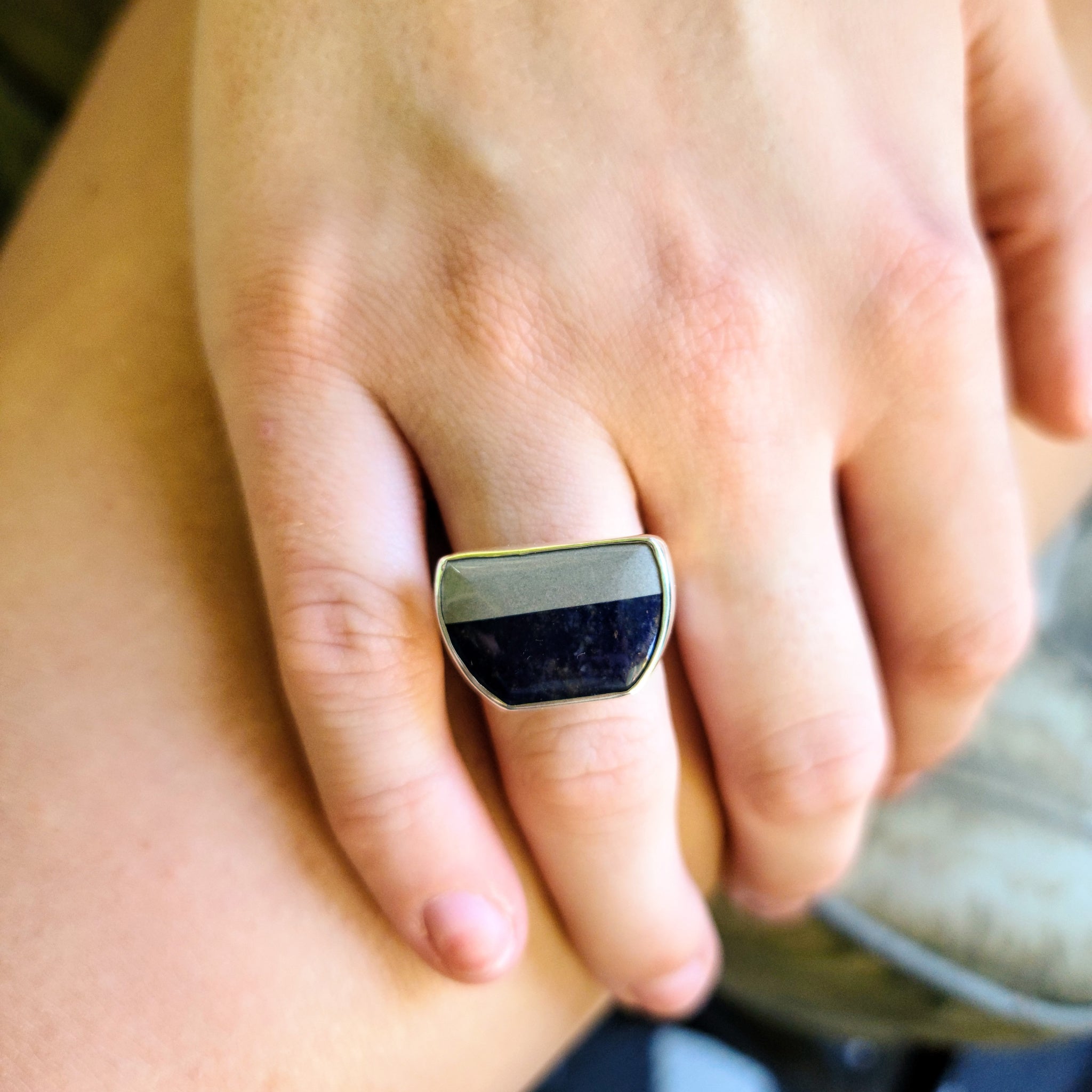 Lapis and Platinum Jasper Adjustable Ring