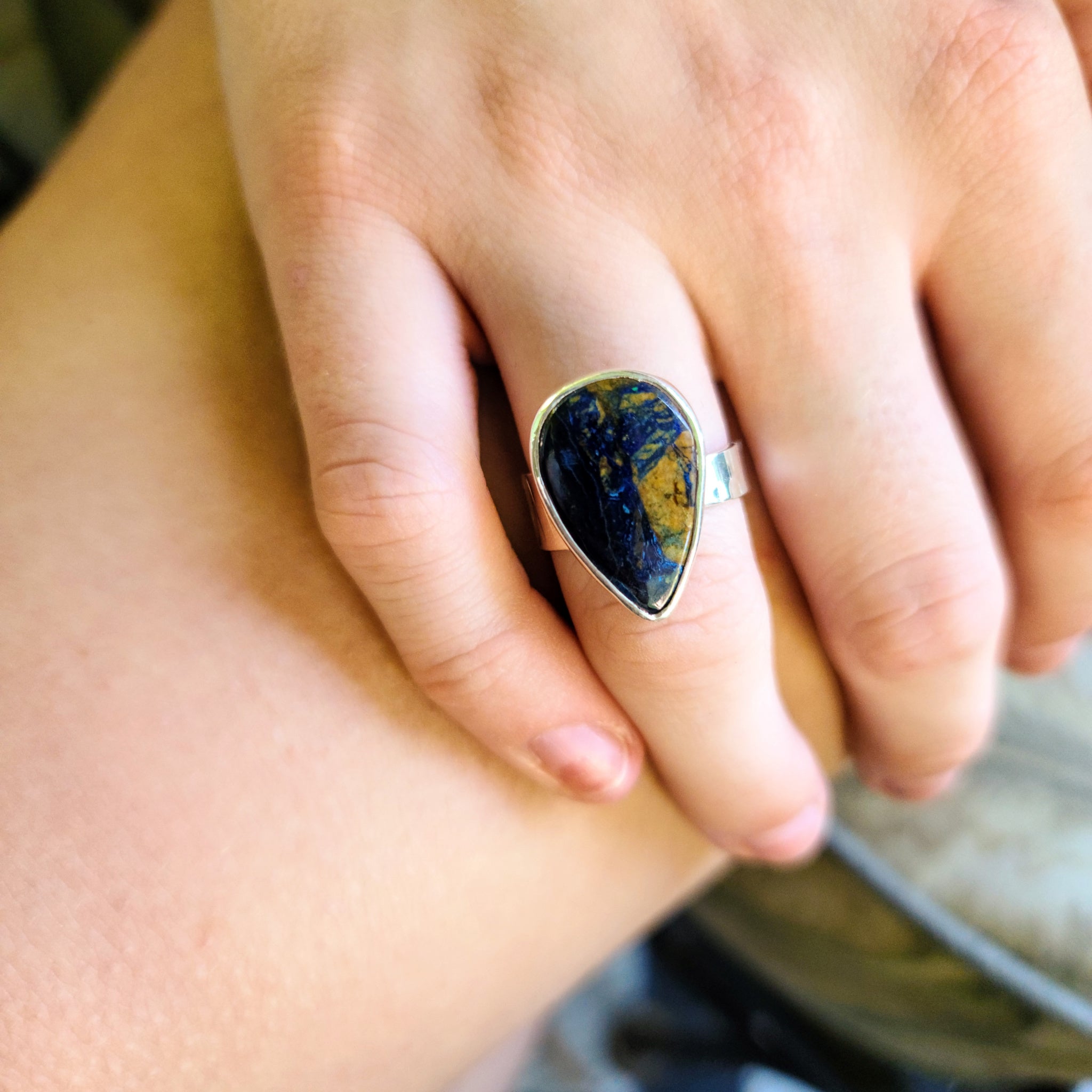 Pear shape Malachite Azurite Adjustable Ring