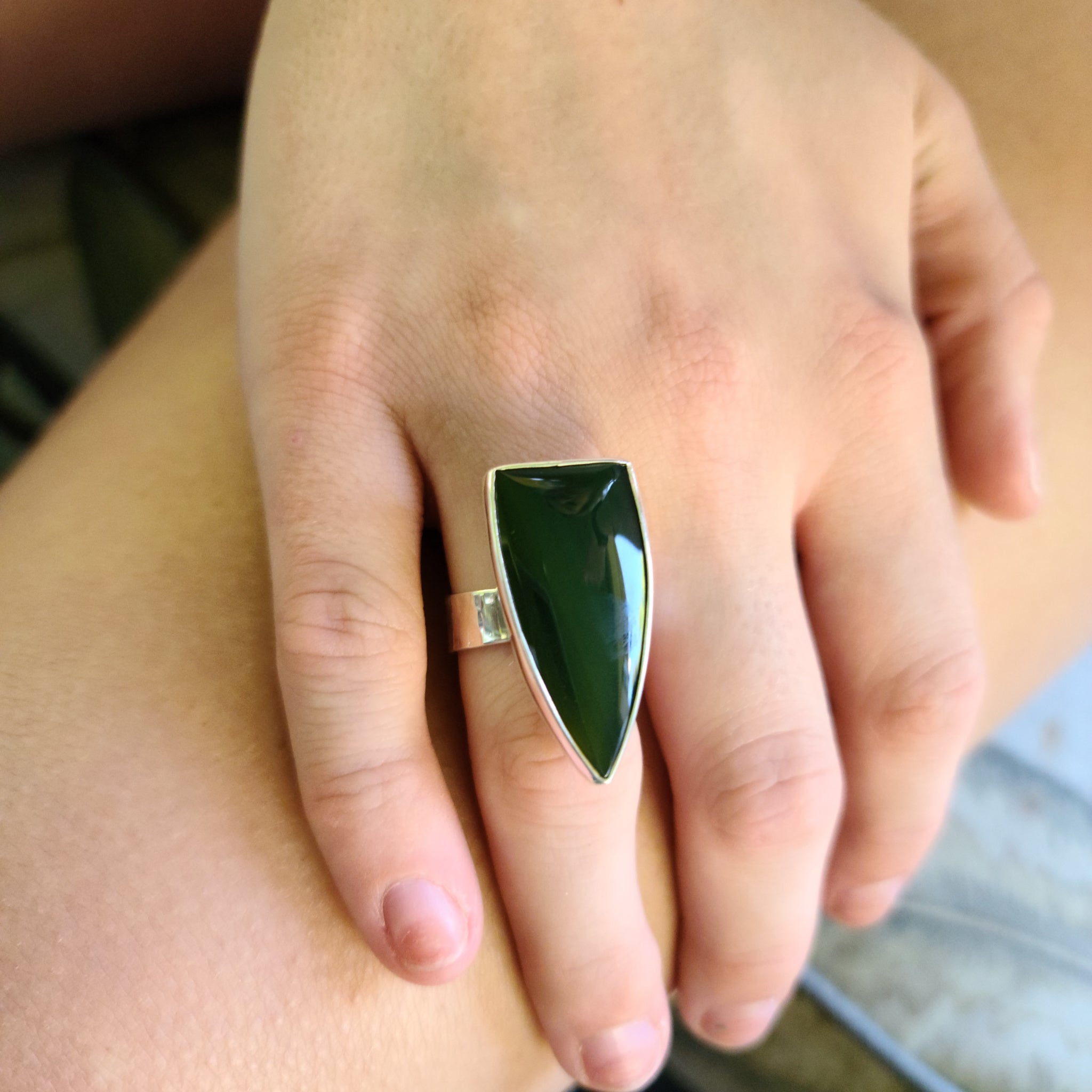 Triangle Green Imperial Jasper Adjustable Ring