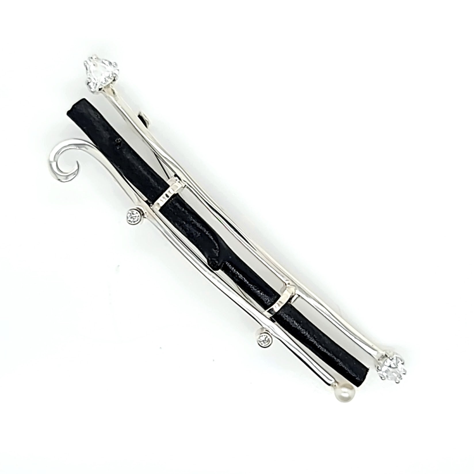 Sterling Silver Pin with Black Coral, White Topaz and a Freshwater Pearl.
