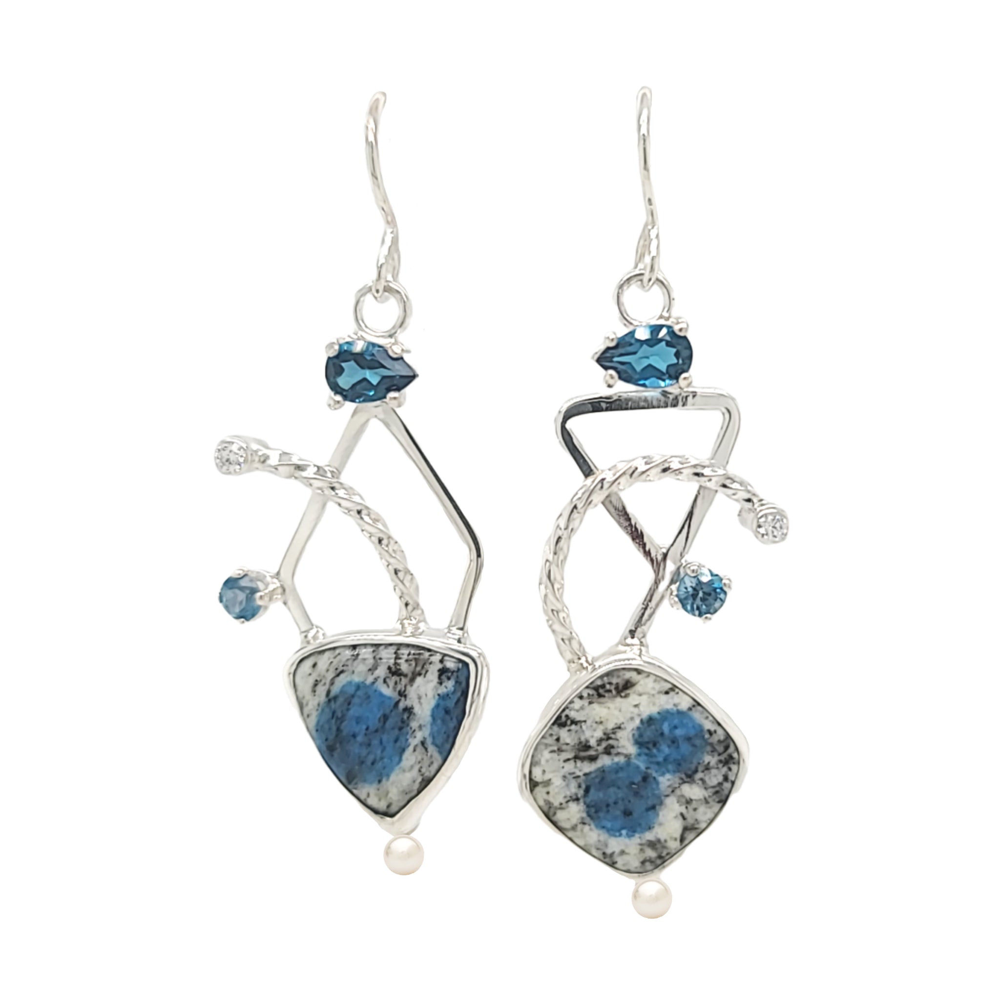 K2 Jasper, London Blue Topaz, Cubic Zirconia and Freshwater Pearl asymmetric earrings set in Sterling Silver