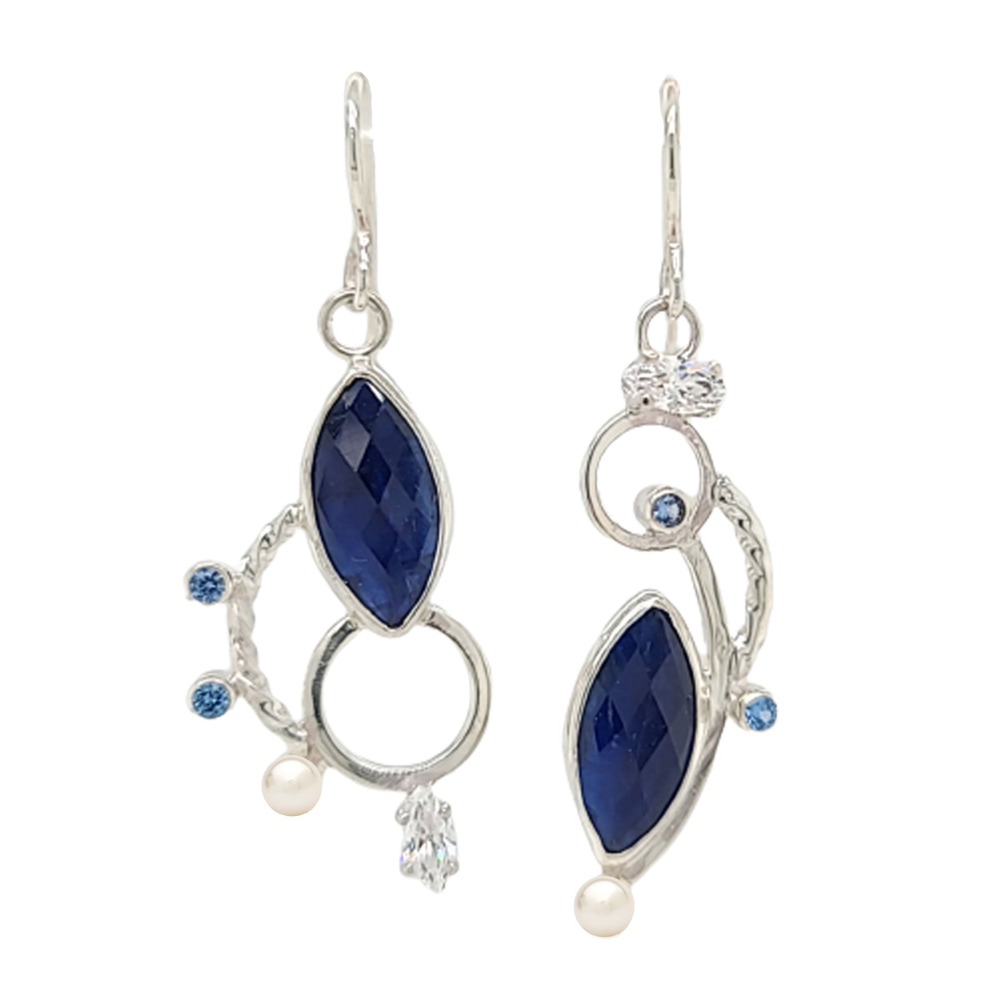 Royal Blue Kyanite, Lab Spinel, Cubic Zirconia and Freshwater Pearl asymmetric earrings set in Sterling Silver