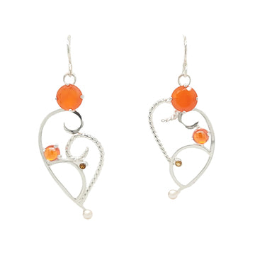 Asymmetric Sterling Silver earrings  with Carnelian, Citrine and Freshwater Pearls.