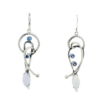 Asymmetric Sterling Silver Earrings with Chalcedony, Lab Spinel and Freshwater Pearls.