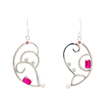 Ruby Lab spinel, Pink Topaz, Cubic Zirconia asymmetric earrings set in Sterling Silver with Freshwater Pearls.