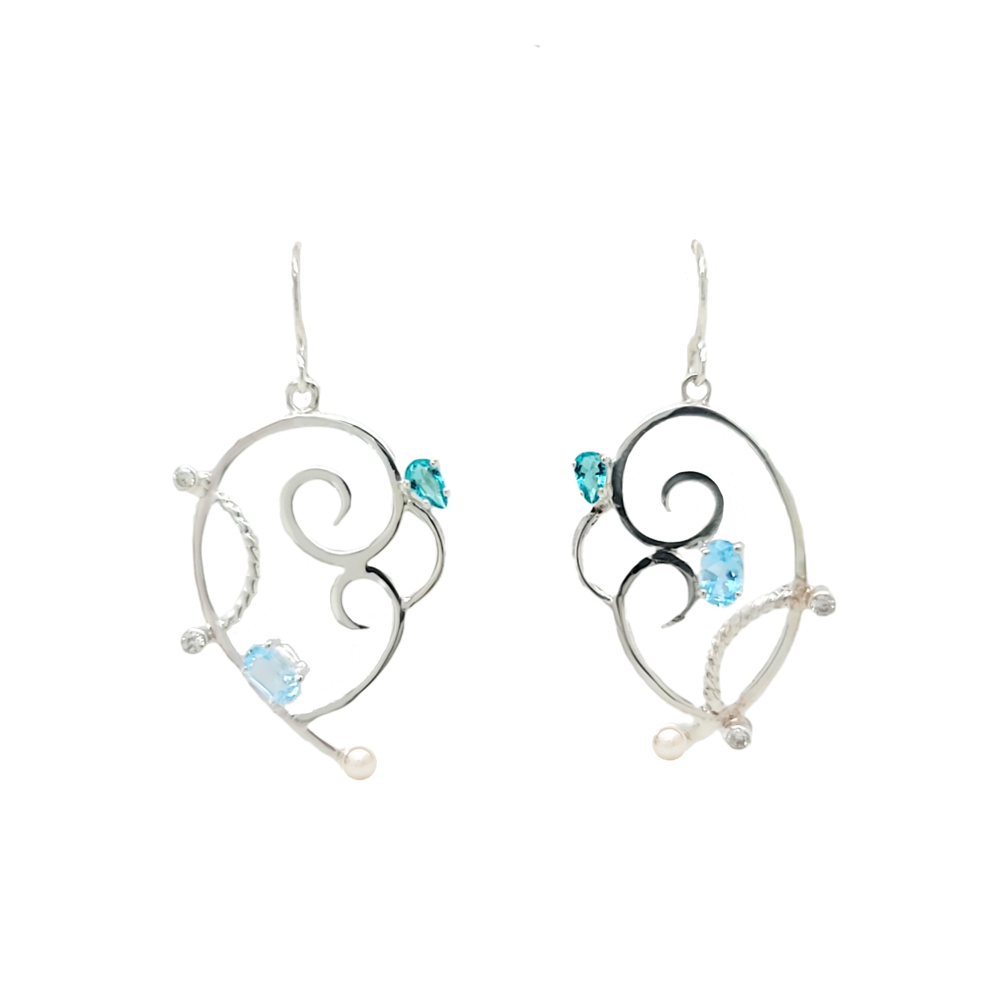 Asymmetric Sterling Silver earrings with Blue Topaz, Cubic Zirconia and Freshwater Pearls.