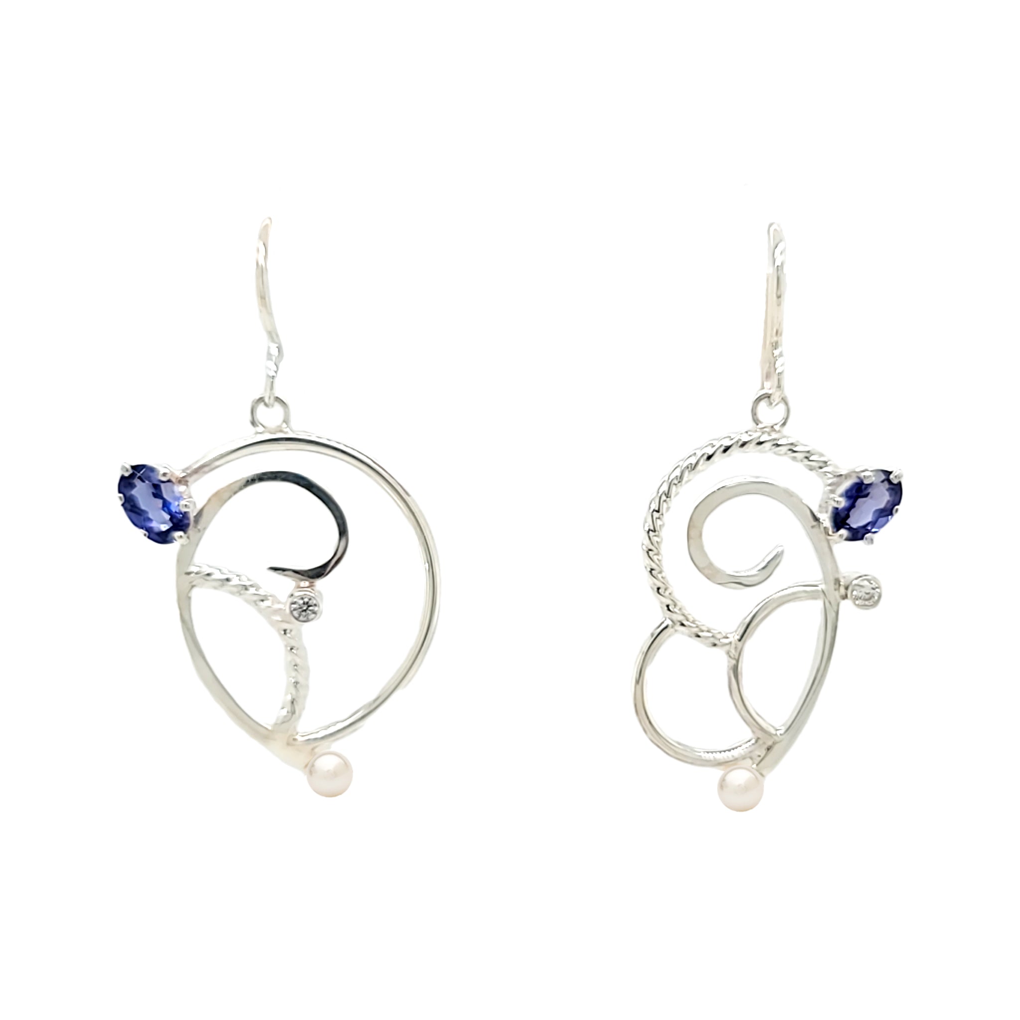 Asymmetric Sterling Silver earrings with Iolite, Cubic Zirconia and Freshwater Pearls.