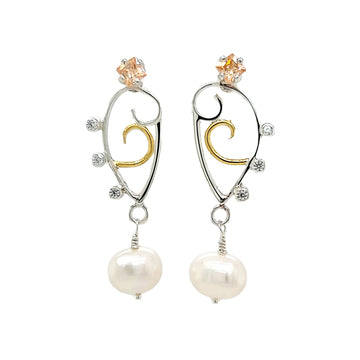 Asymmetric Sterling Silver earrings with Topaz Lab Spinel, Cubic Zirconia, Freshwater Pearls with 22k Gold.
