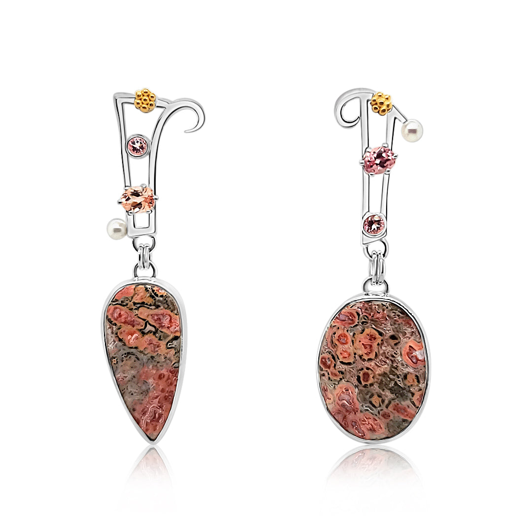 Sterling Silver, Poppy Jasper, Pink Zircon, Pink Topaz, Freshwater Pearls and 22k Gold accent earrings