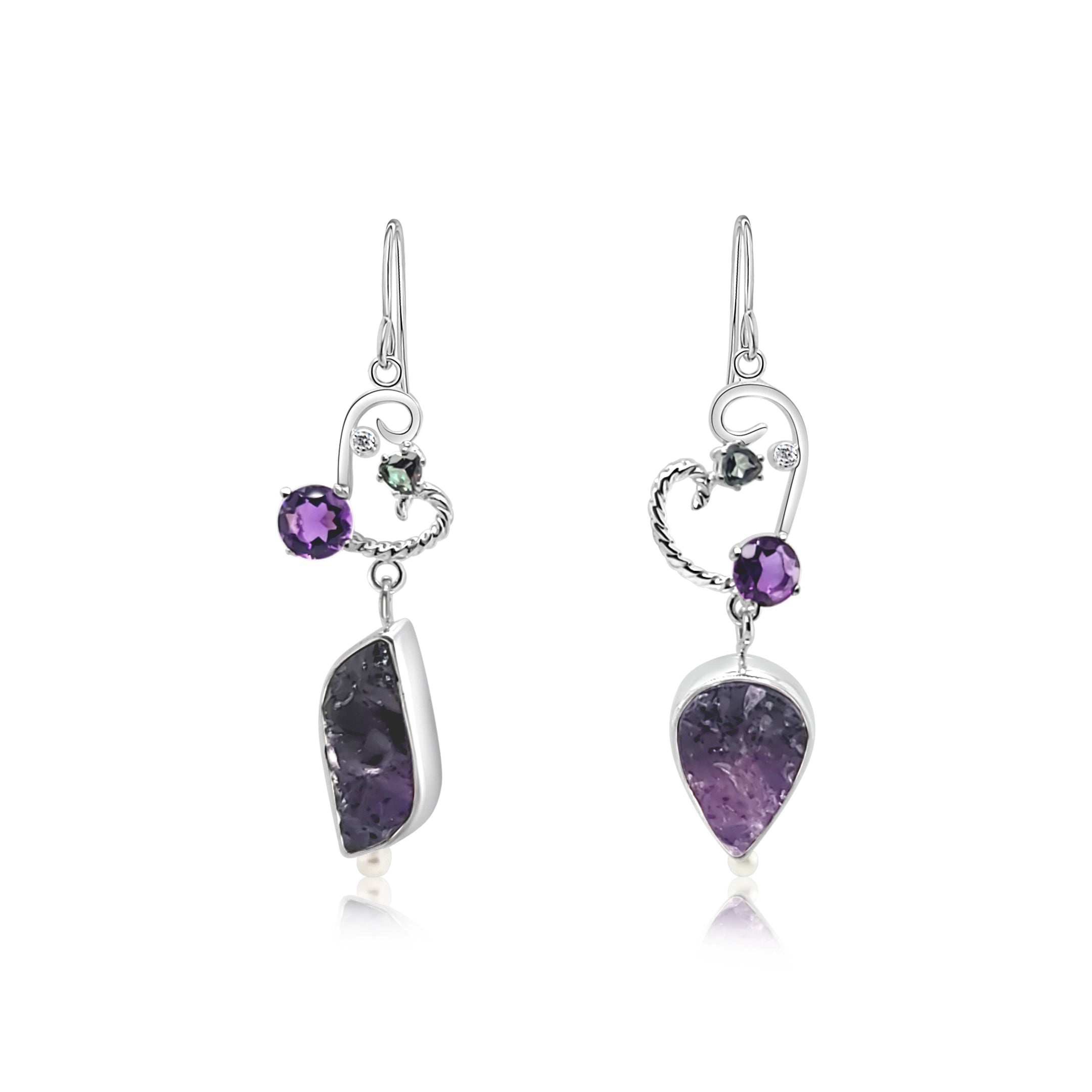 Sterling Silver, Natural surface Amethyst, Mystic Topaz, Faceted Amethyst, Cubic Zirconia and Freshwater Pearl earrings