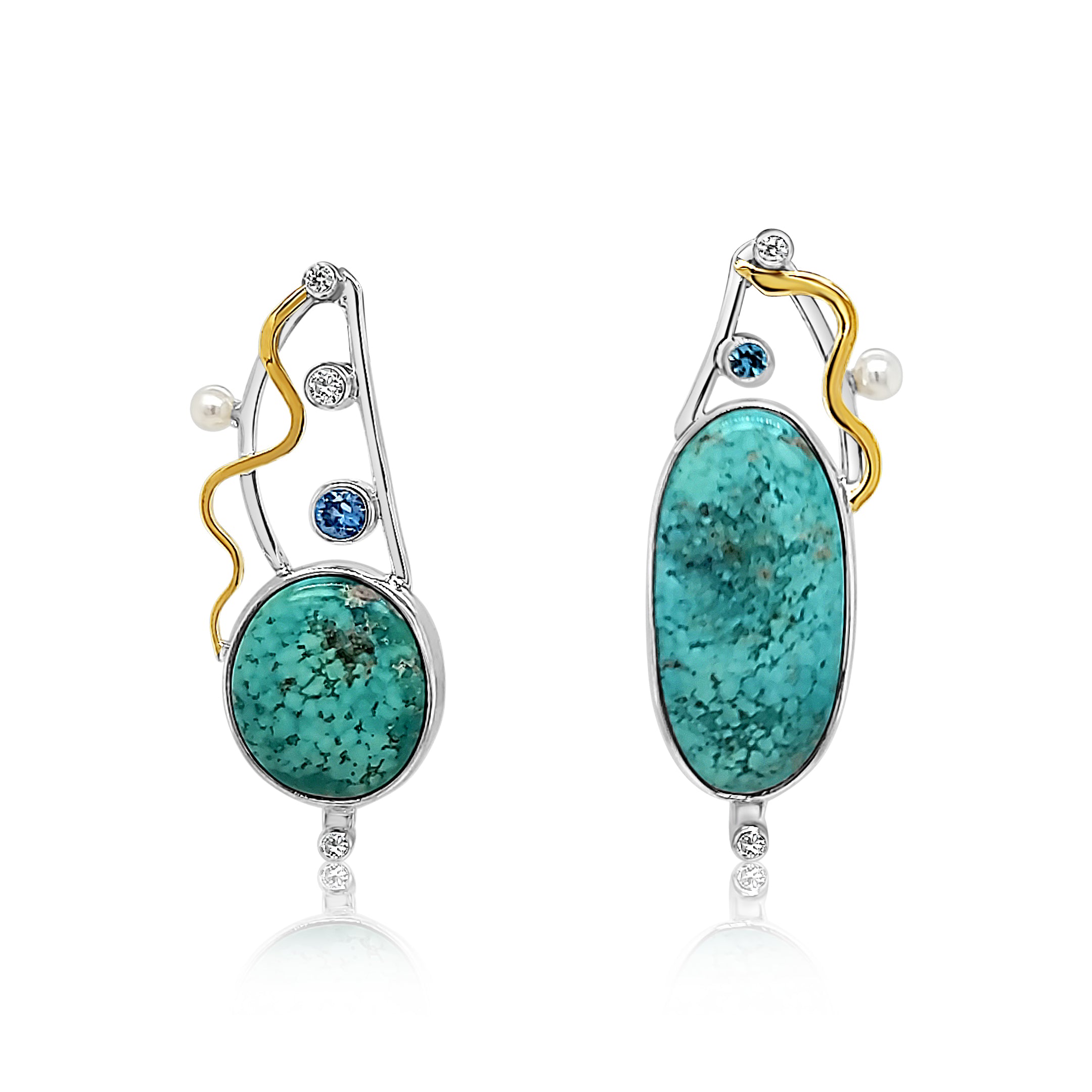 Mexican Turquoise, Blue Topaz, Cubic Zirconia and Freshwater Pearl earrings set in Sterling Silver with 22k Gold accents.