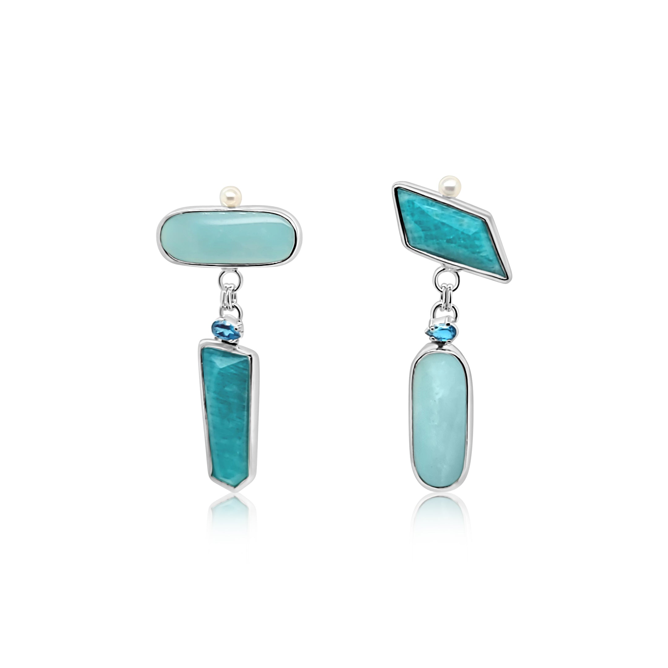 Sterling Silver, Amazonite, London Blue Topaz and Freshwater Pearl earrings