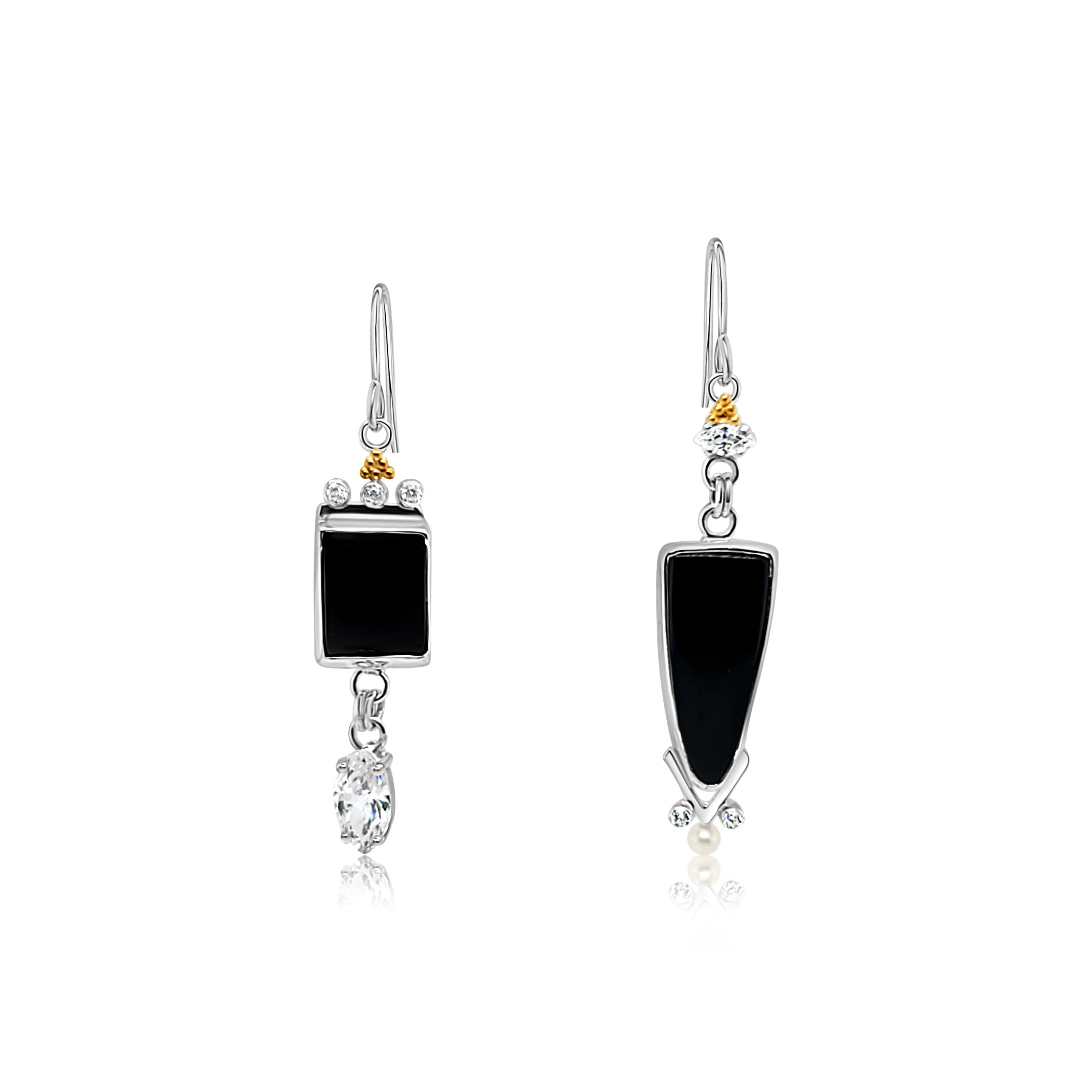 Sterling Silver, Black Onyx, Freshwater Pearls and Cubic Zirconia Earrings