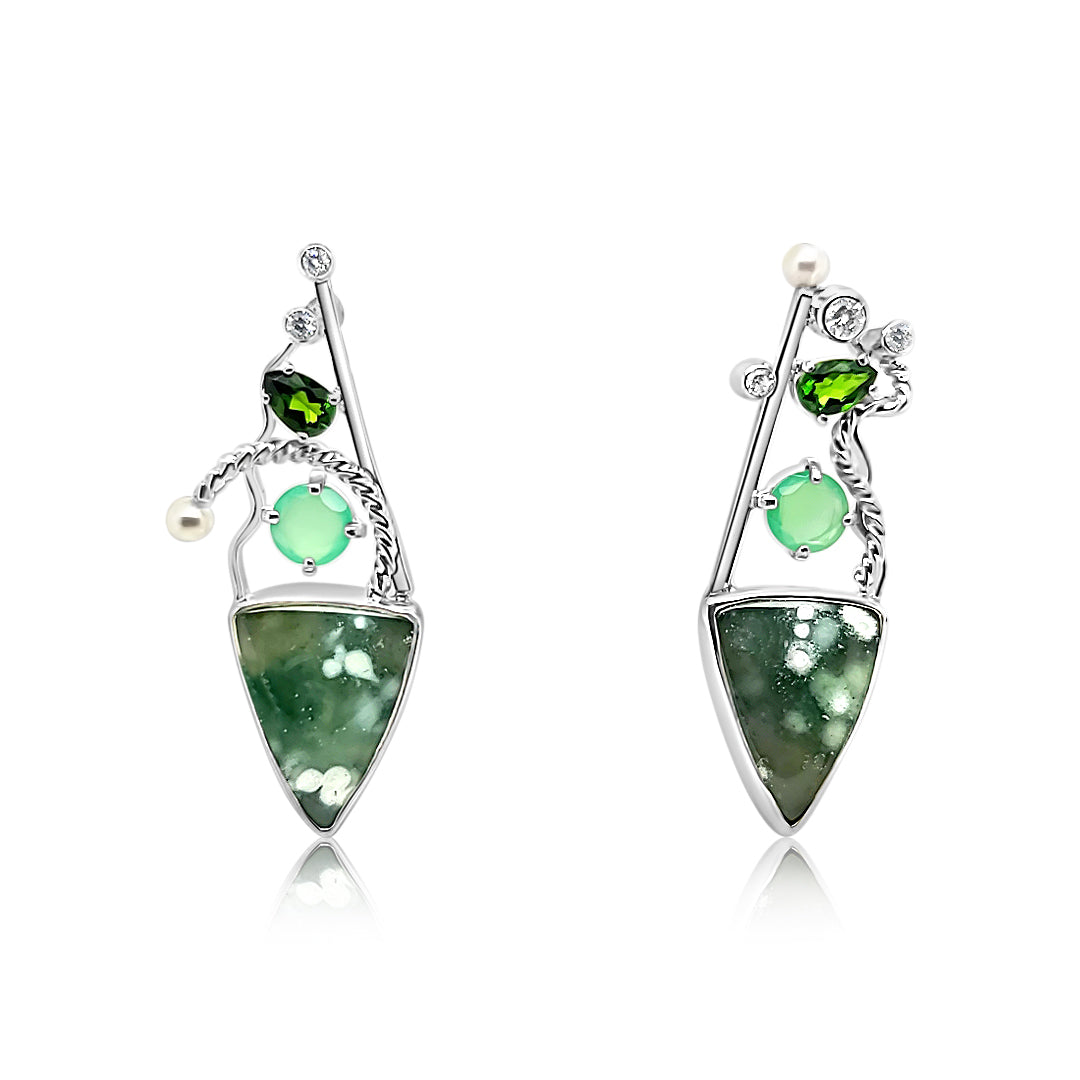 Sterling Silver, Ocean Jasper, Chrome Diopside, Chrysoprase, Cubic Zirconia and Freshwater Pearl earrings