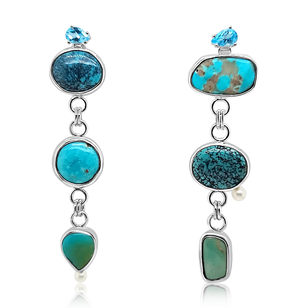 Sterling Silver, Turquoise, Freshwater Pearls and Blue Topaz Earrings