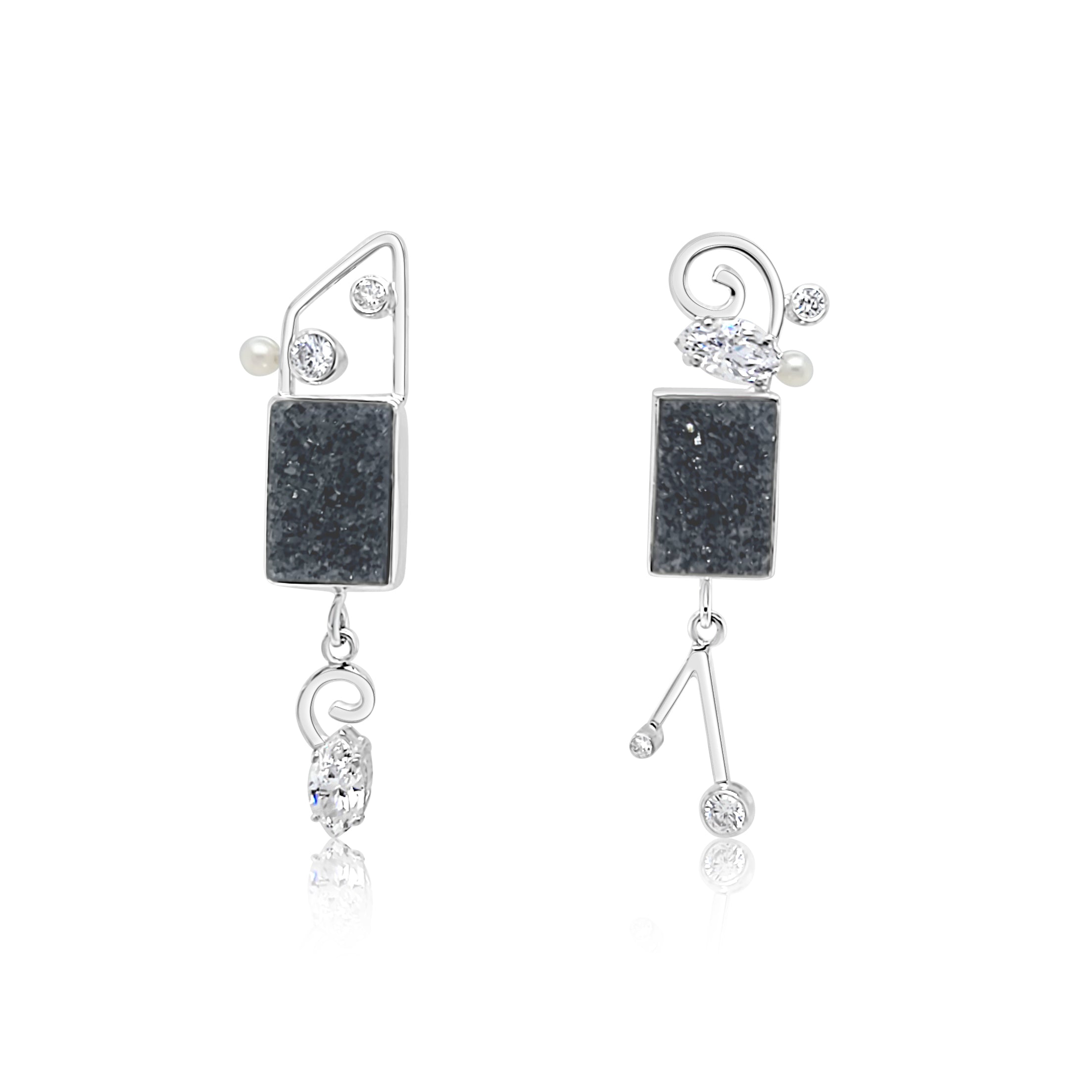 Sterling Silver, Black Onyx Drusy, Cubic Zirconia and Freshwater Pearl earrings
