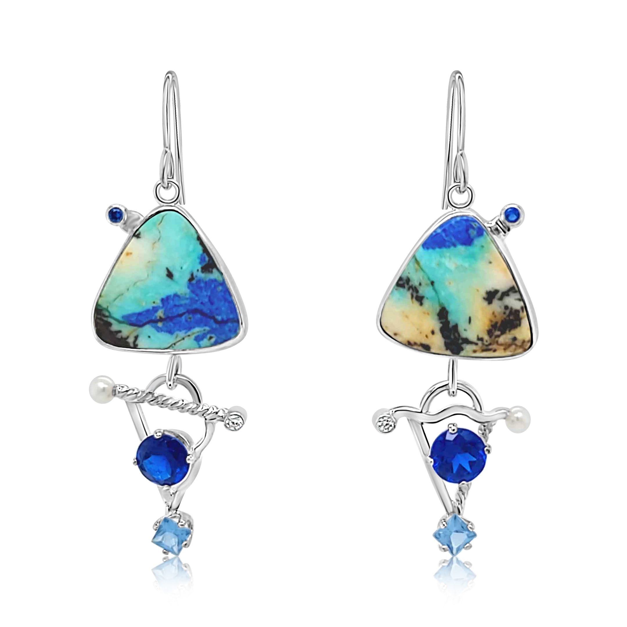Sterling Silver, Peruvian Chrysocolla, Lab Spinel, Cubic Zirconia and Freshwater Pearl earrings