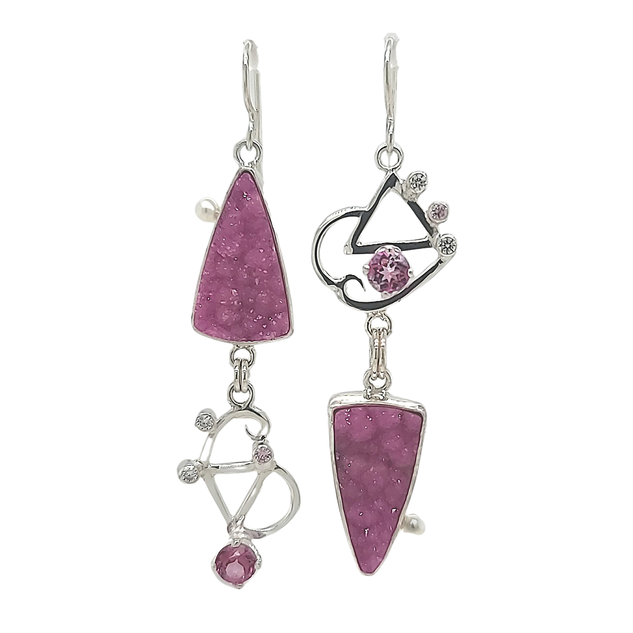 Asymmetric Cobalto Calcite Pink Drusy, Lab Pink Topaz, Cubic Zirconia and Freshwater Pearls set in Sterling Silver.