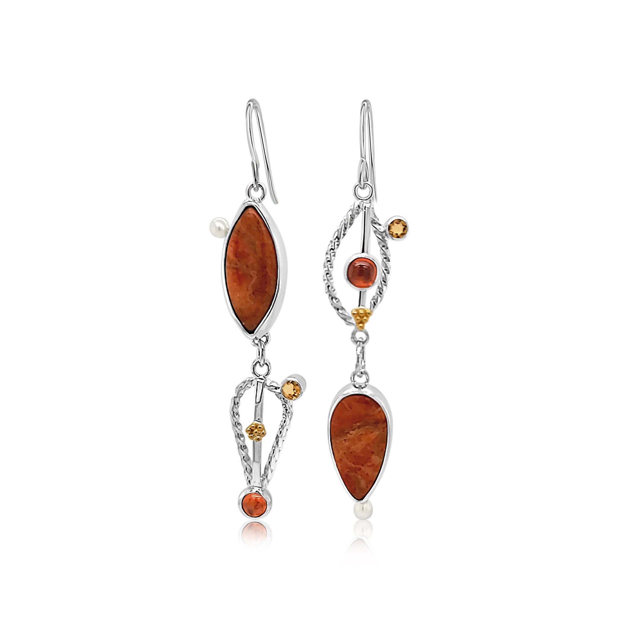 Asymmetric Mohave Turquoise, Citrine, Carnelian and Freshwater Pearls set in Sterling Silver with 22k Gold accents.