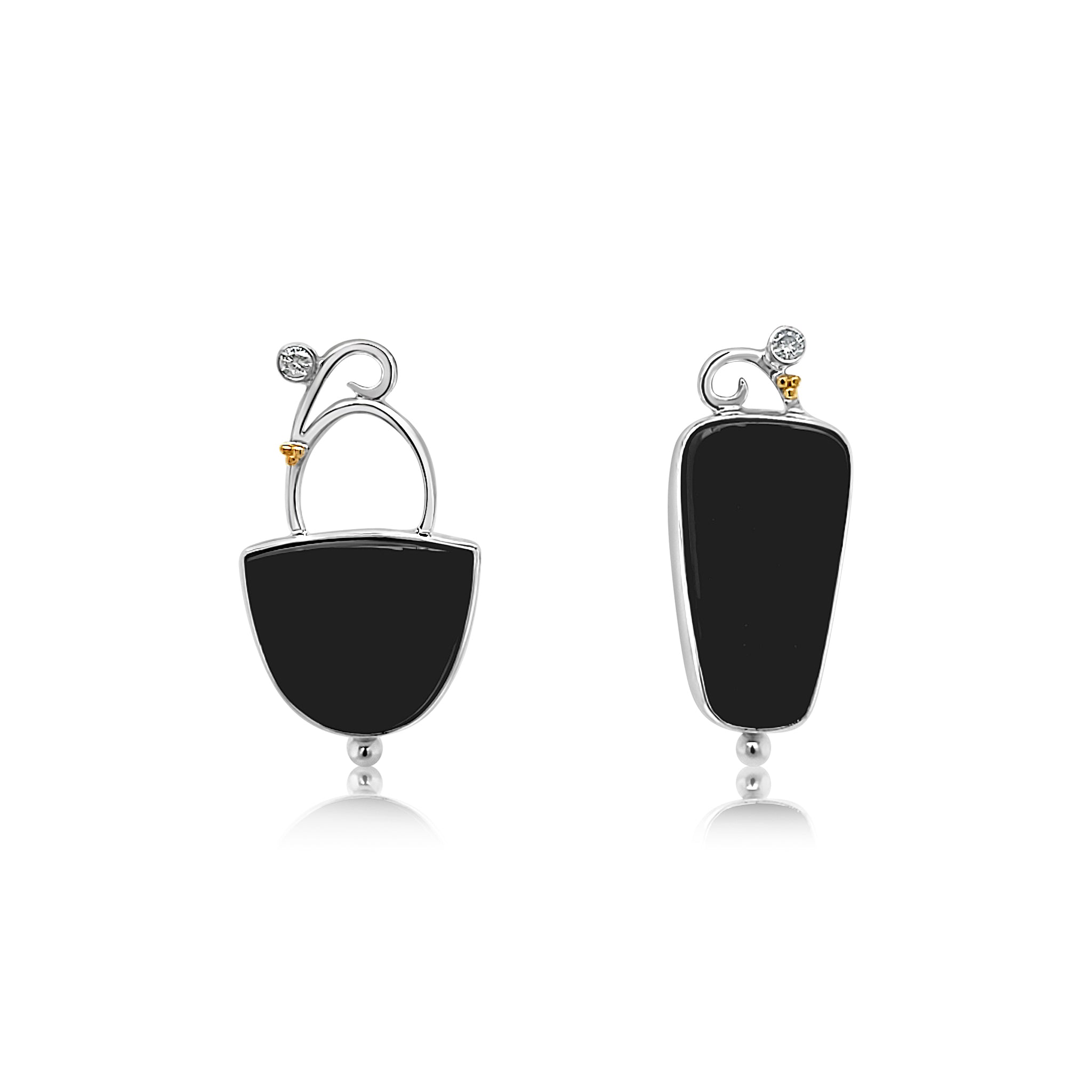 Asymmetric Natural Surface Black Onyx, Cubic Zirconia and Freshwater Pearls set in Sterling Silver with 22k Gold accents.