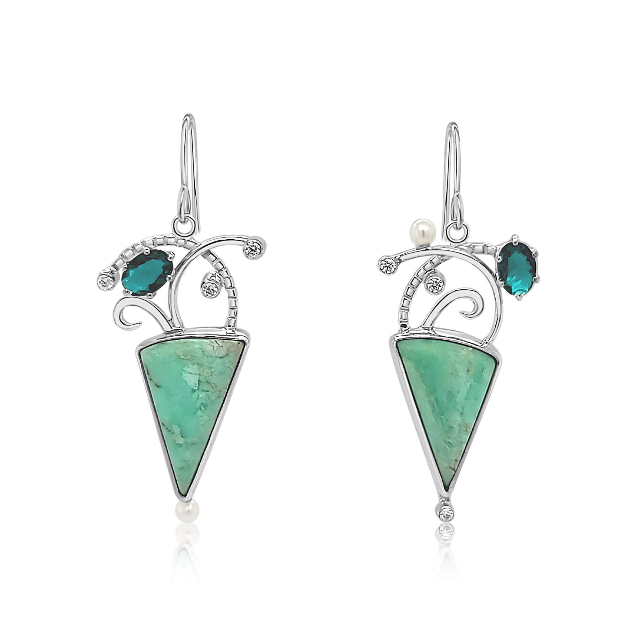 Asymmetric Green Opal, Tourmaline, Cubic Zirconia and Freshwater Pearl earrings set in Sterling Silver.