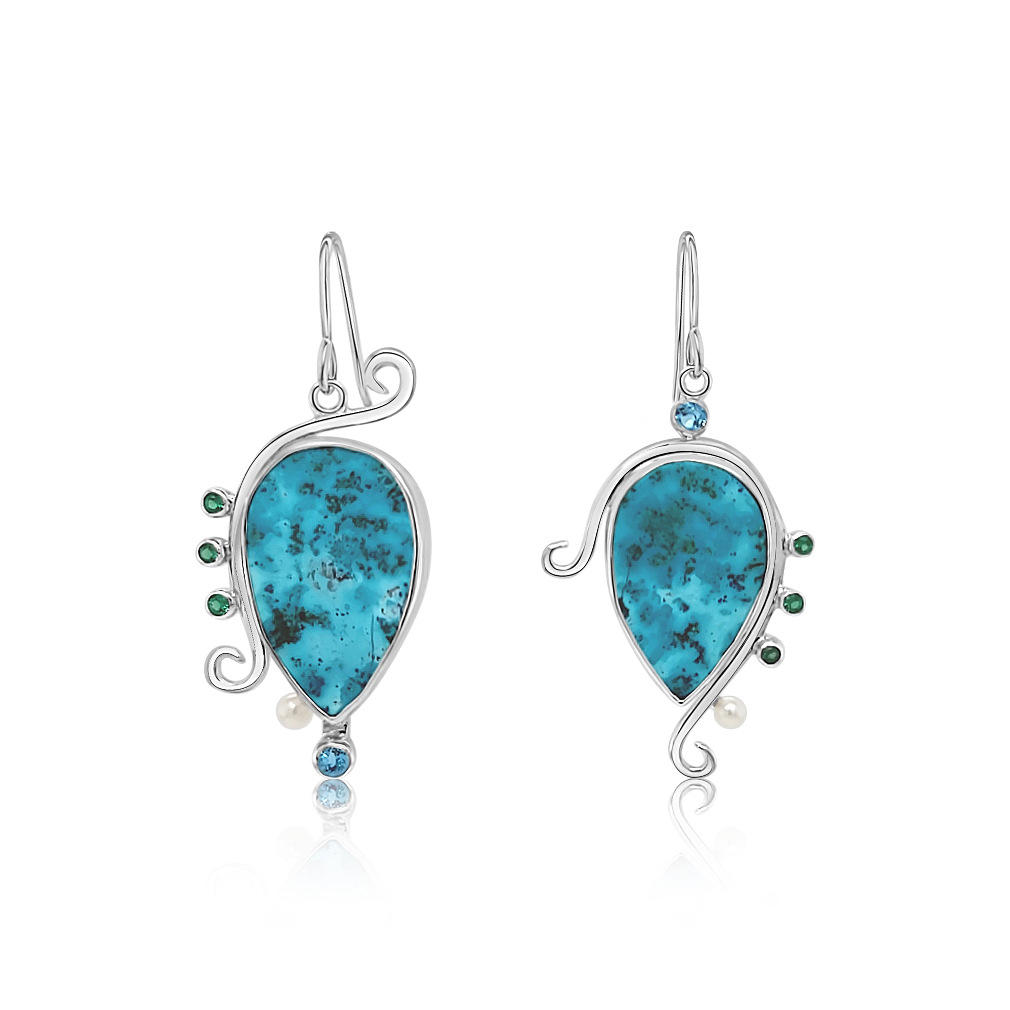 Asymmetric Chrysocolla Shattuckite, Nano Green Spinel, Blue Topaz and Freshwater Pearls set in Sterling Silver.