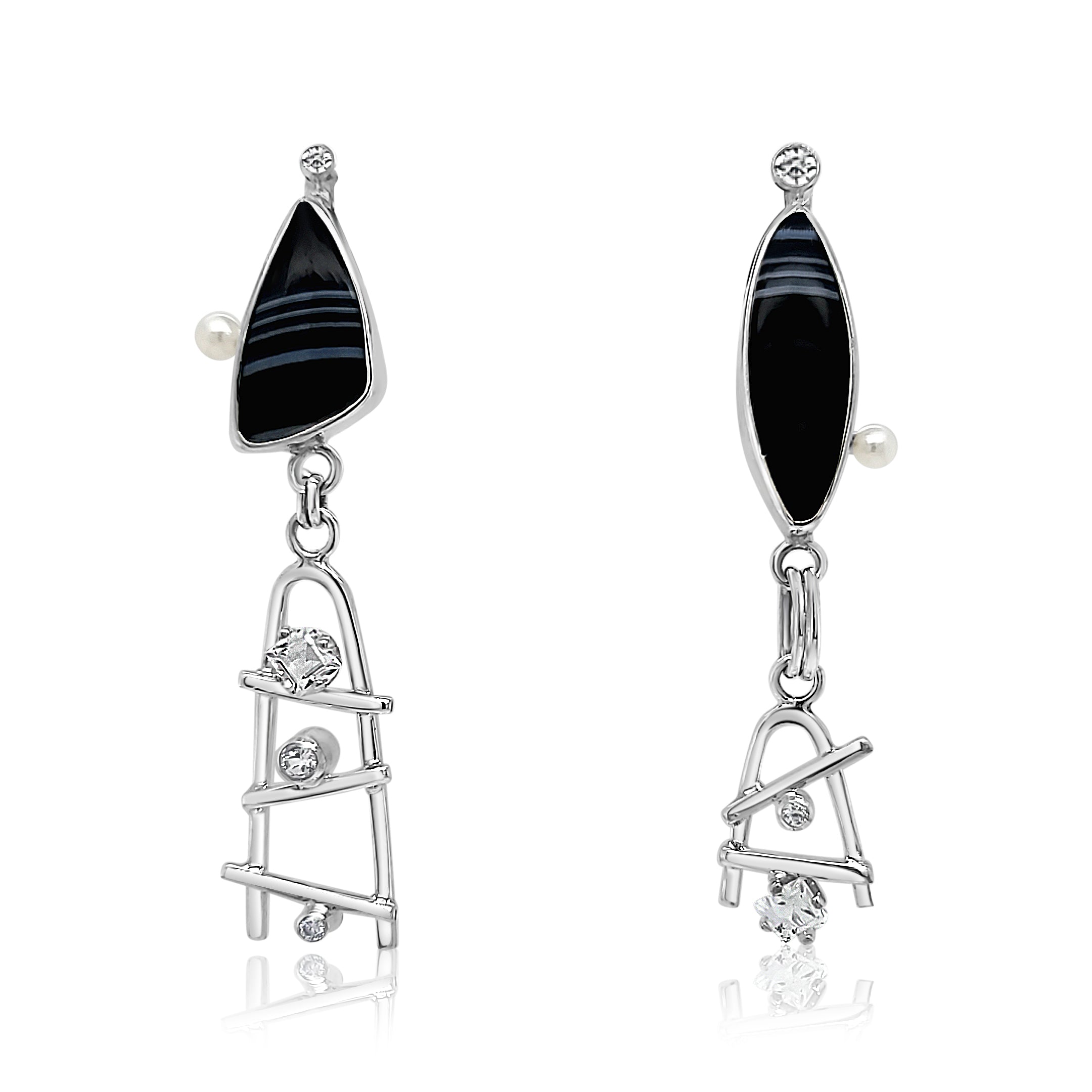 Asymmetric Tuxedo Agate earrings with White Topaz, Cubic Zirconia and Freshwater Pearls set in Sterling Silver.