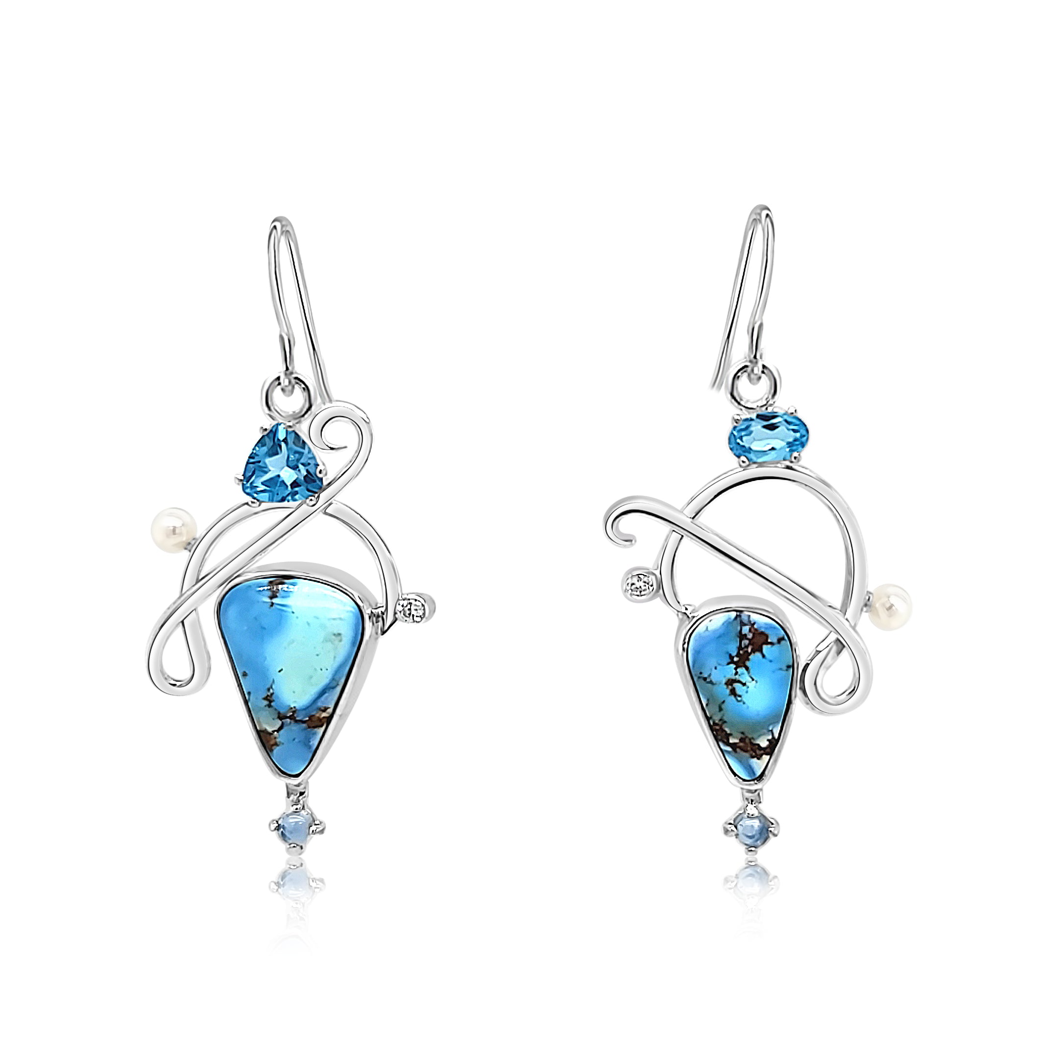 Asymmetric Golden Hills Turquoise, Swiss Blue Topaz, Cubic Zirconia and Freshwater Pearl earrings set in Sterling Silver.