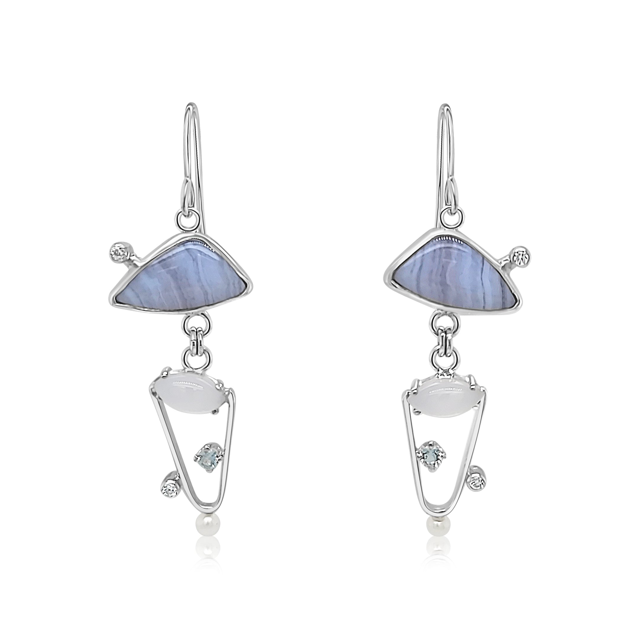 Blue Lace Agate, Chalcedony, Swiss Blue topaz, Cubic Zirconia and Freshwater Pearl earrings set in Sterling Silver.