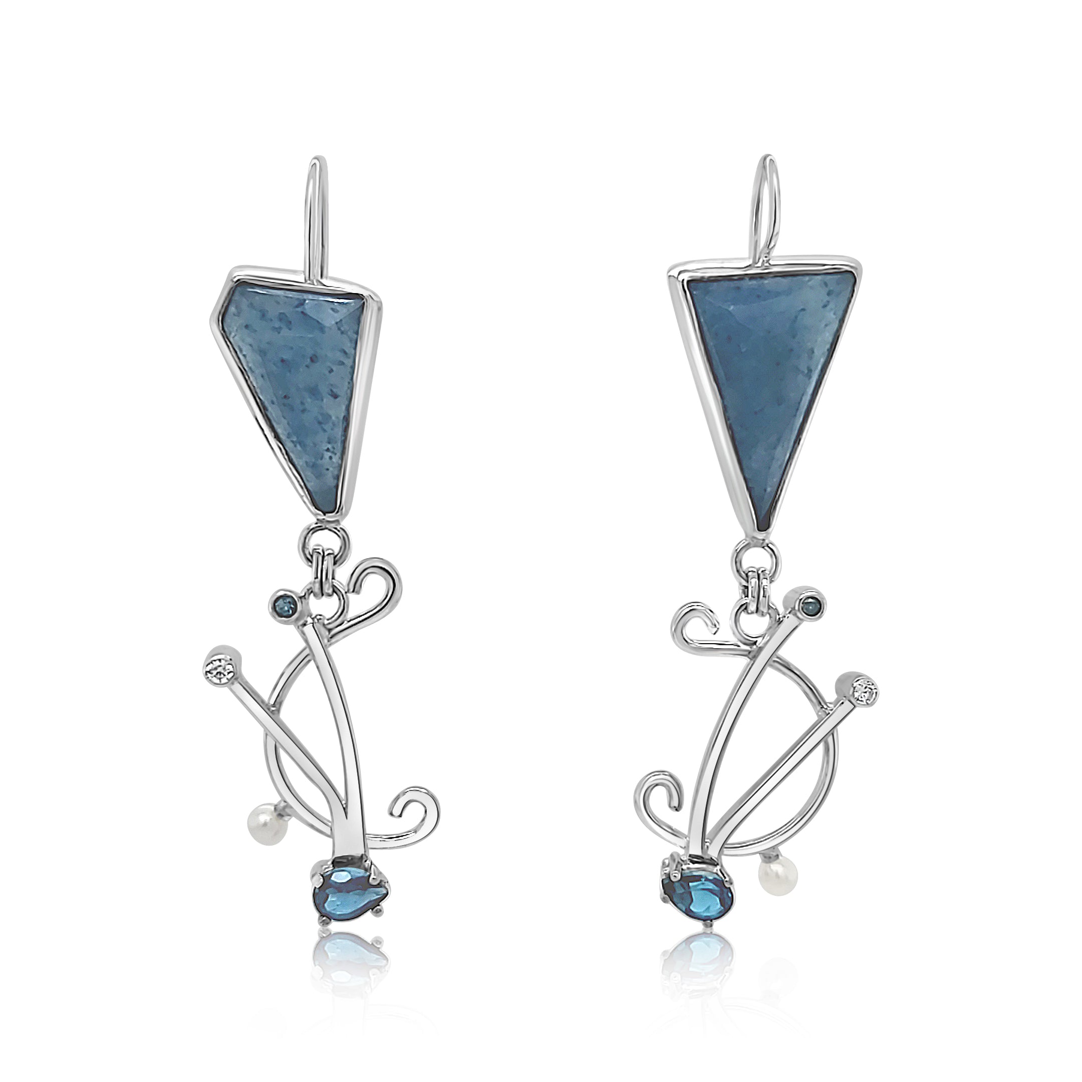 Asymmetric Lazulite, London Blue Topaz, Blue Diamonds, Cubic Zirconia and Freshwater Pearl earrings set in Sterling Silver.