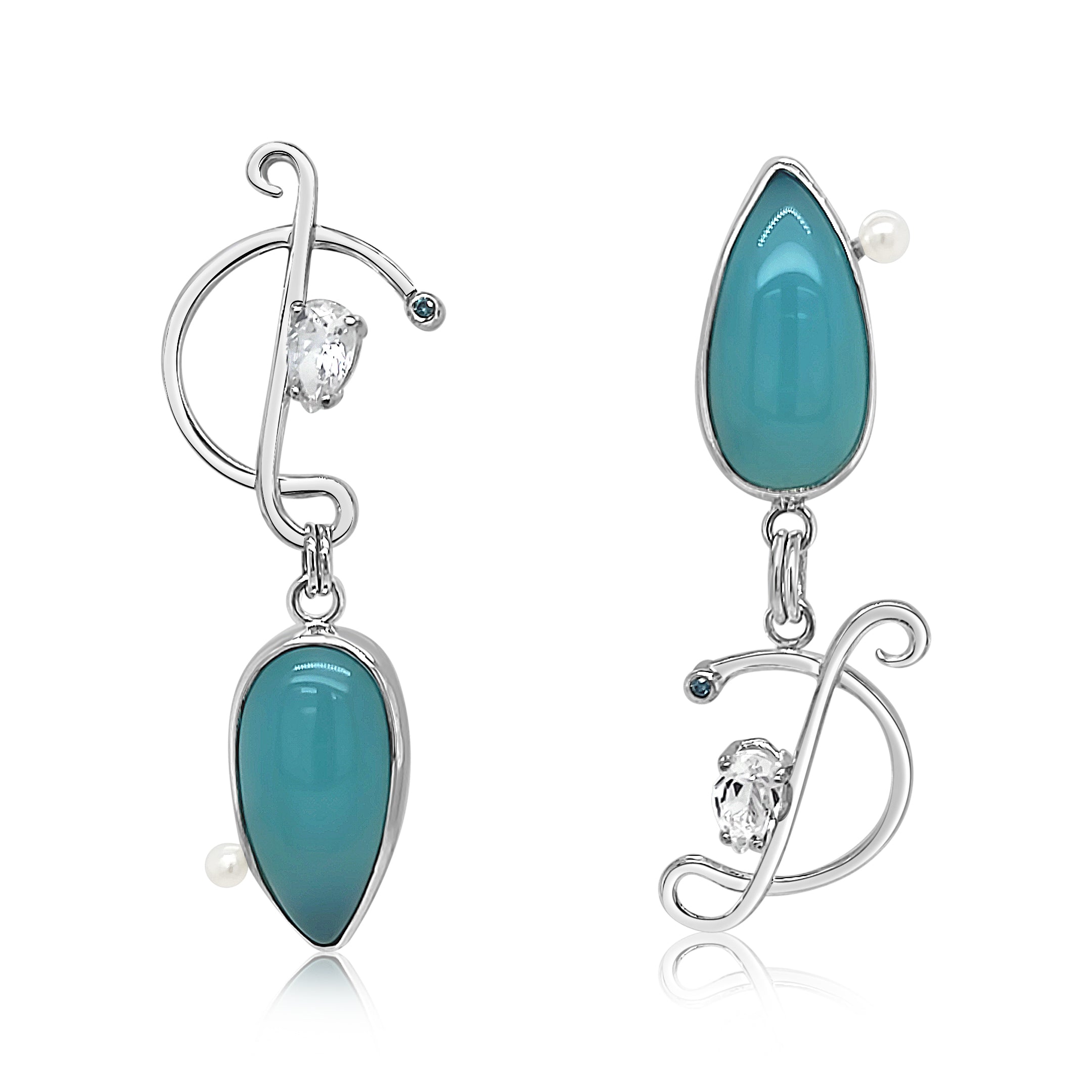 Asymmetric Chalcedony earrings with Blue Diamonds, White topaz, Cubic Zirconia and Freshwater Pearls set in Sterling Silver.