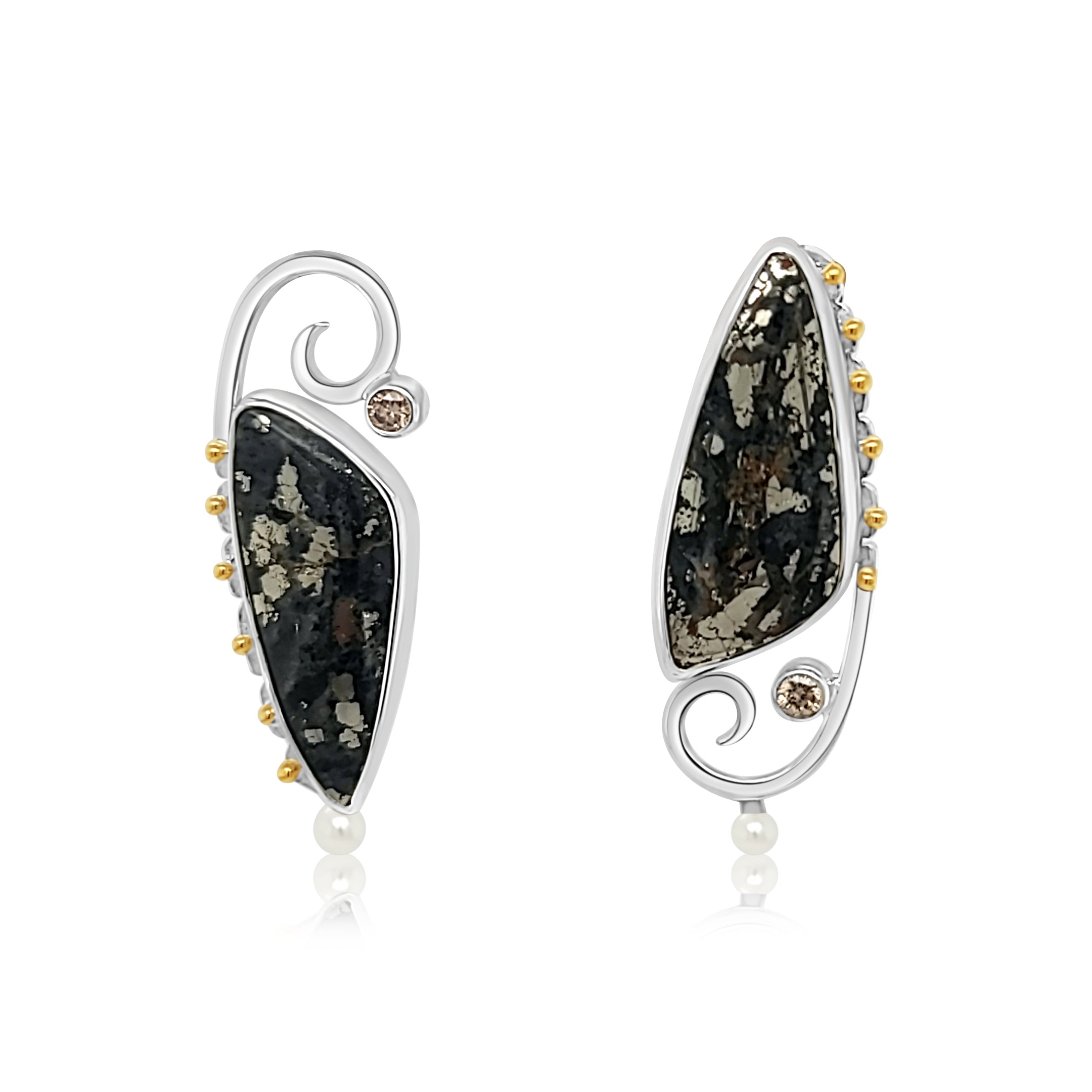 Pyrite in Granite, Diamonds with 18k Gold Earrings