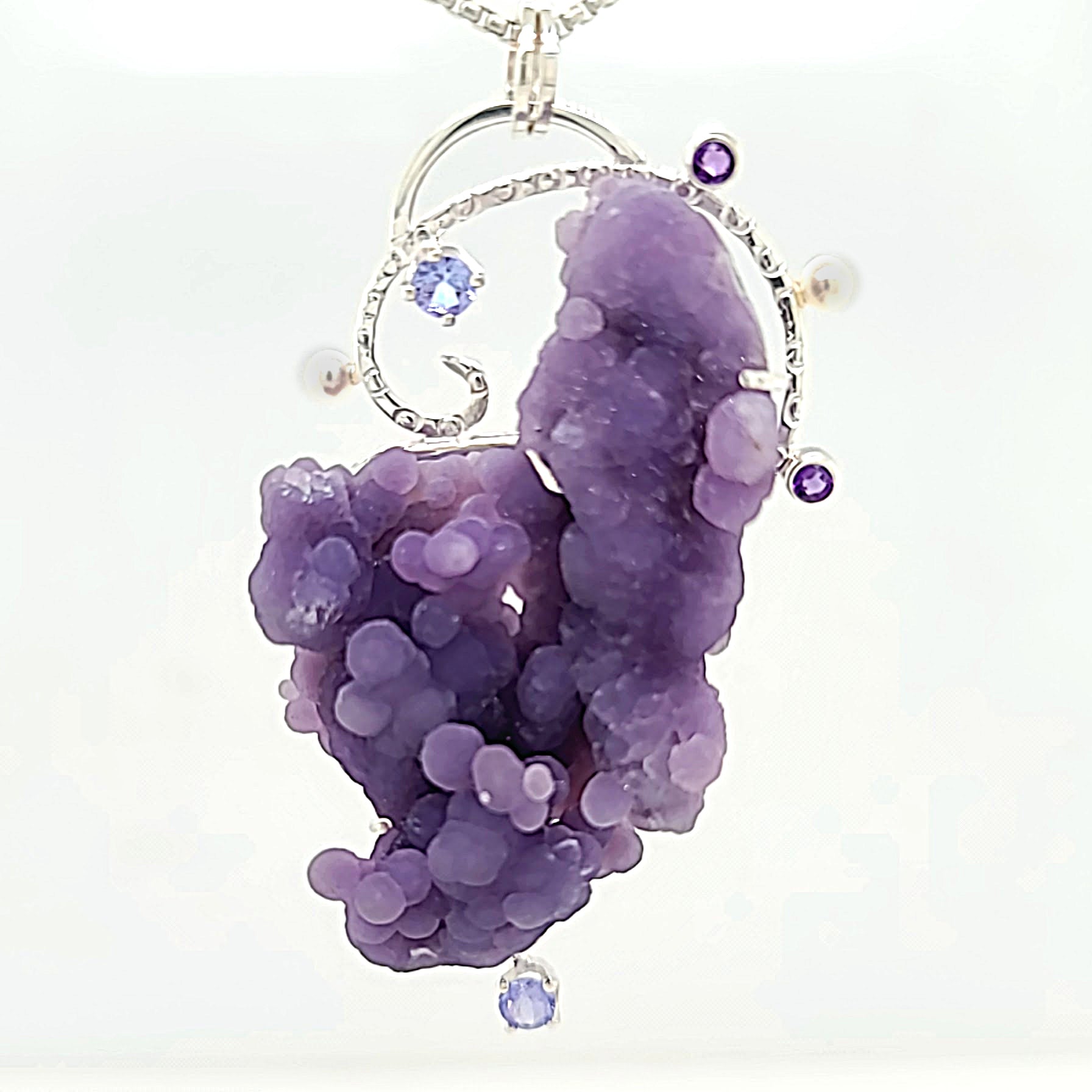 Grape Agate Pendant in Sterling Silver with Tanzanite, Amethyst and Freshwater Pearl Pendant with Purple with Sterling Silver Chain.