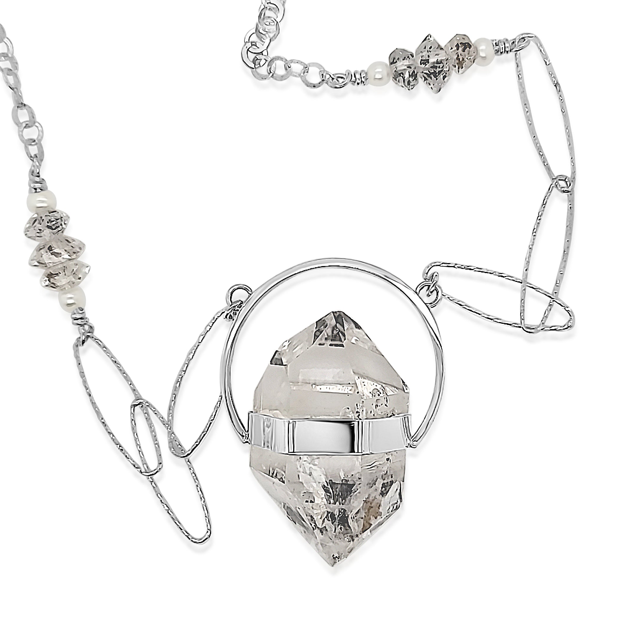 Herkimer Quartz necklace with Freshwater Pearls and set in Sterling Silver.
