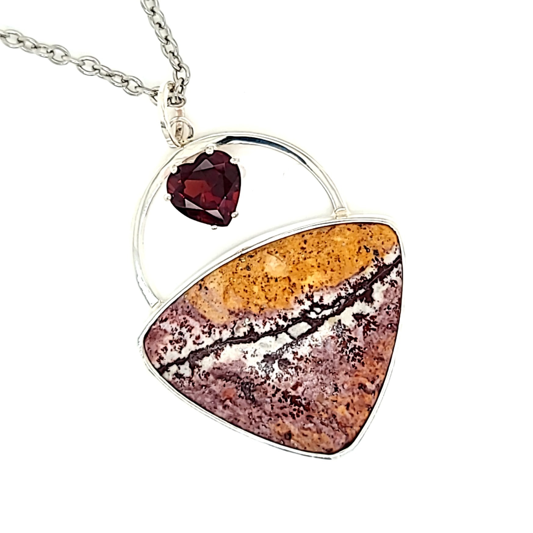 Sterling Silver Sonora Dendritic Rhyolite Pendant with Red Heat Garnet with Palladium Plated Chain.
