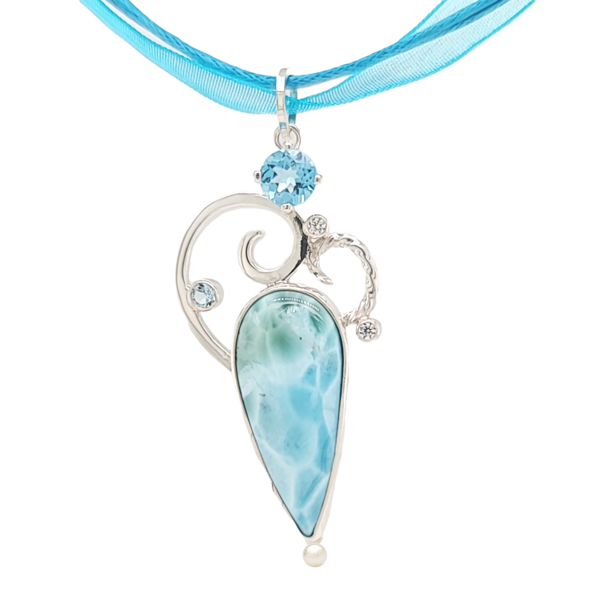 Caribbean blue Larimar pendant with Swiss Blue Topaz and Freshwater Pearls.