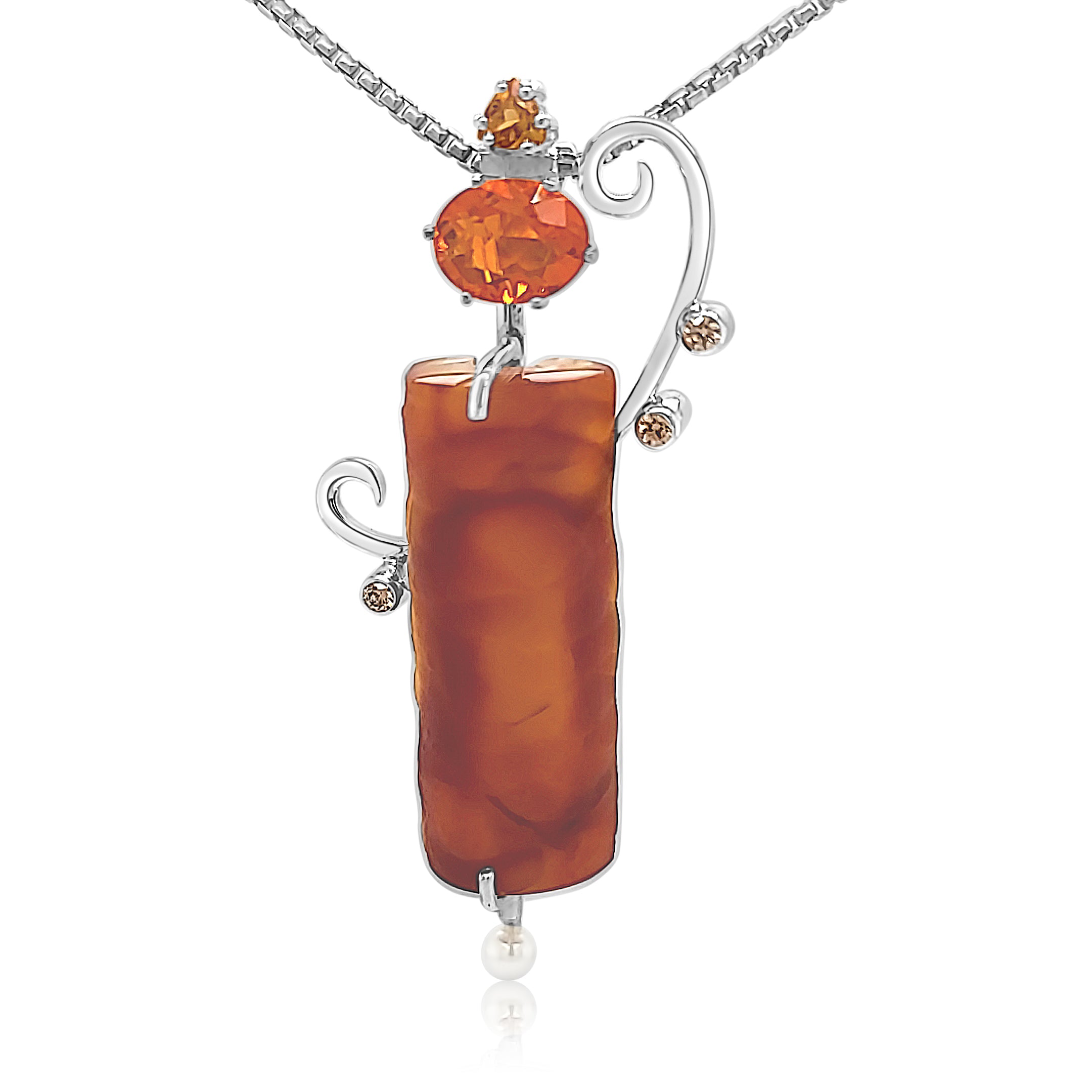 Fossilized Bamboo pendant with Mexican Opal, Citrine, Lab Spinel and Freshwater Pearls set in Sterling Silver.