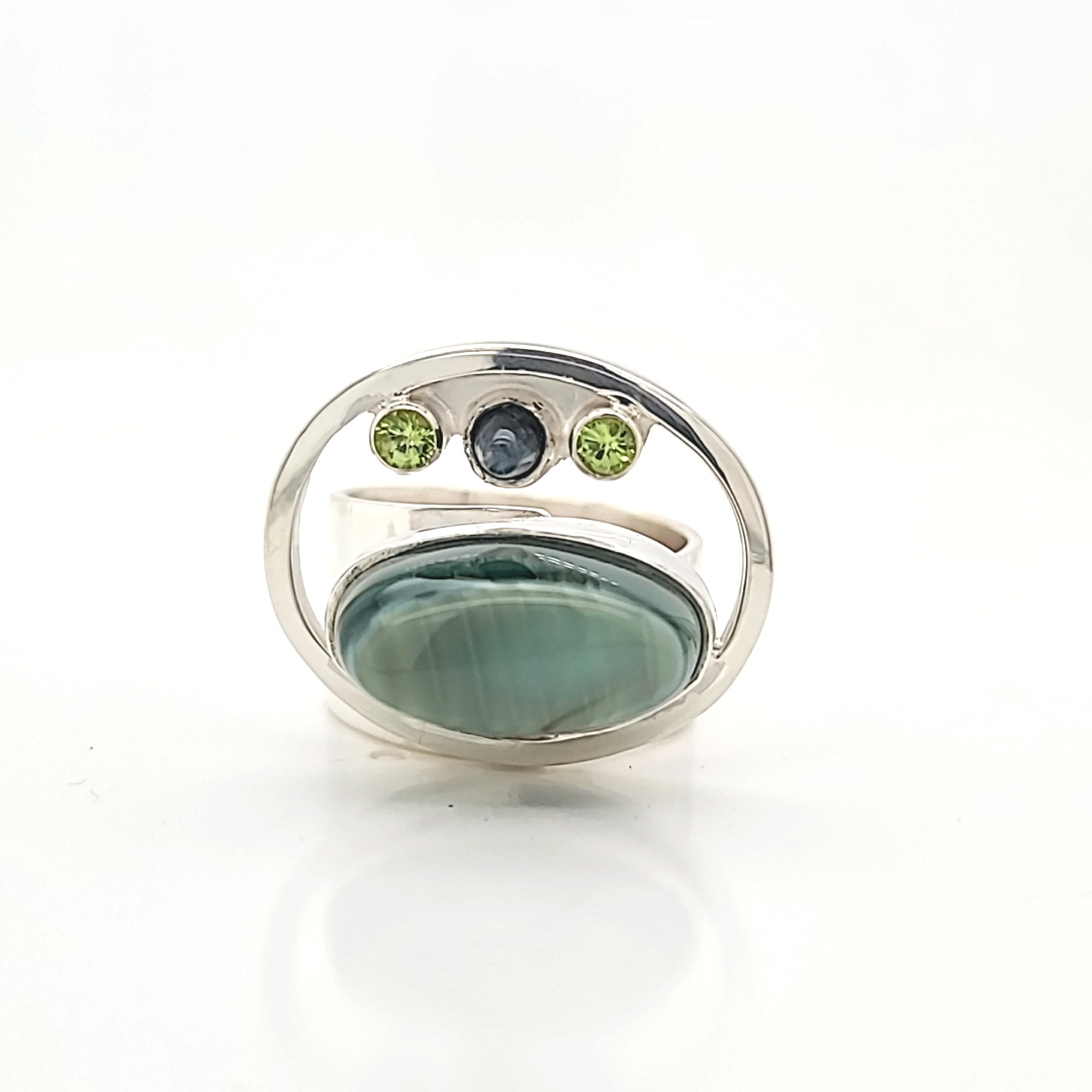 Saturn Chalcedony, Montana Sapphire and Peridot Ring