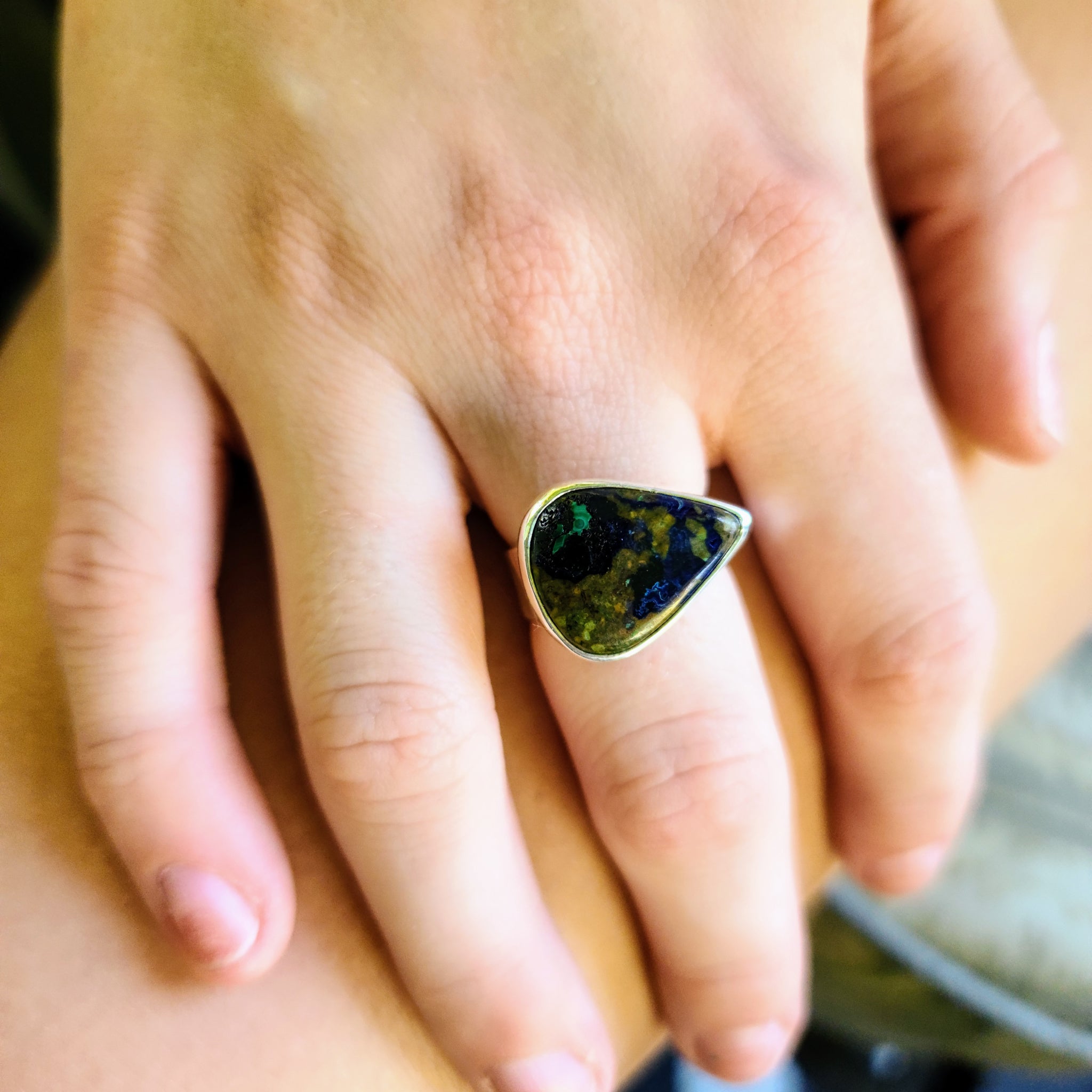 Pear Shape Malachite Azurite Adjustable Ring