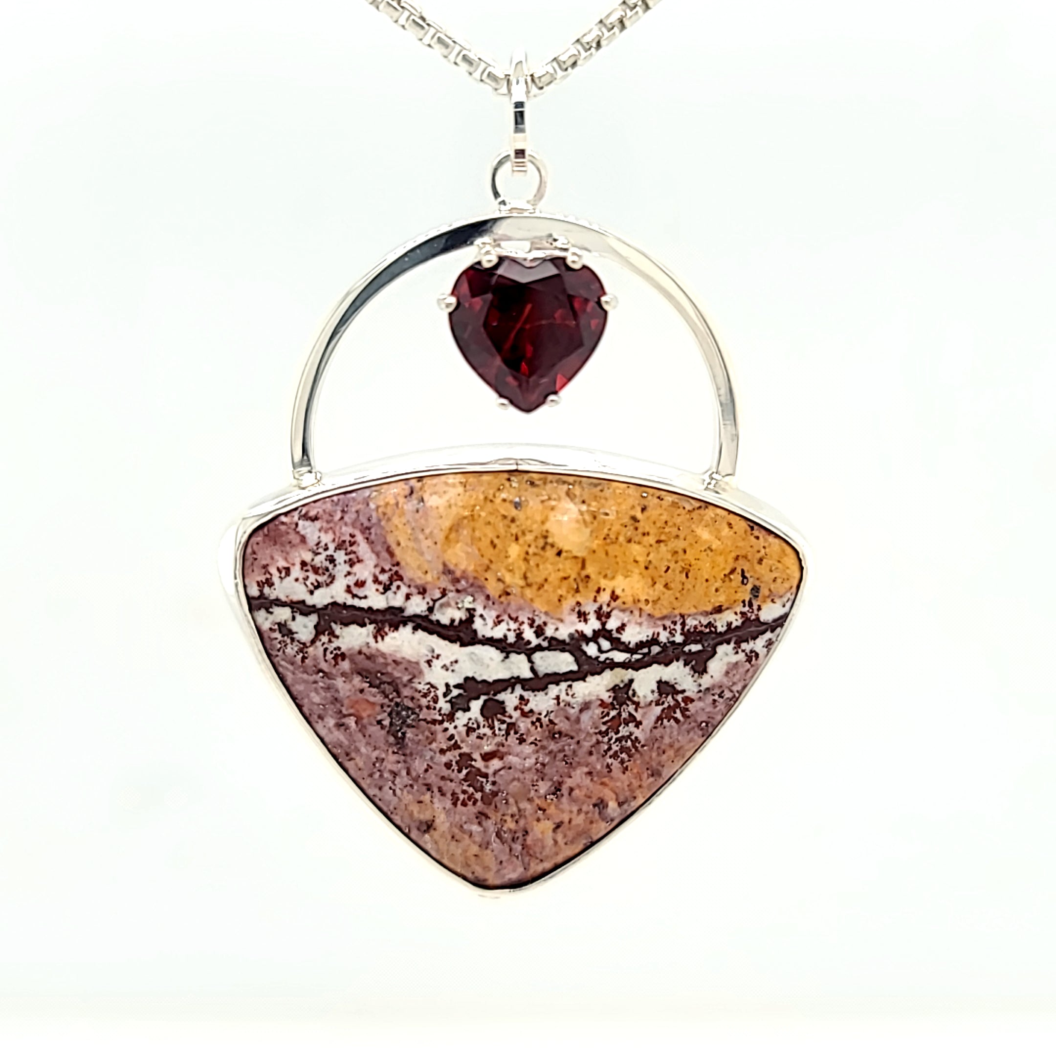 Sterling Silver Sonora Dendritic Rhyolite Pendant with Red Heat Garnet with Sterling Silver (Sterling Chain not included) Chain.