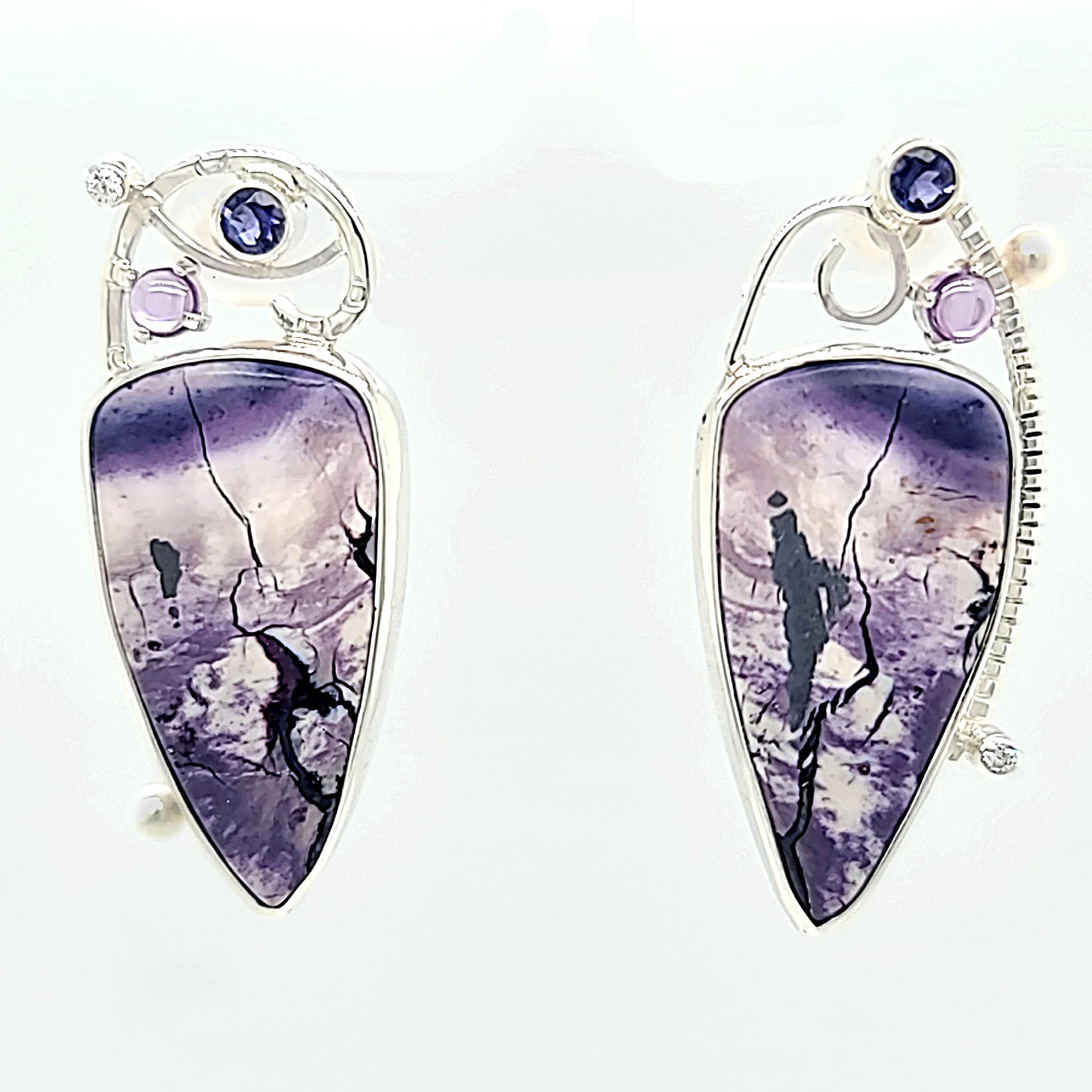 Tiffany Jasper, Iolite, Freshwater Pearls and Amethyst set in Sterling Silver asymmetric earrings.  